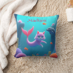 かわいいピンクの人魚の子猫 クッション
