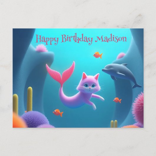 かわいいピンクの人魚の子猫 ポストカード (正面)