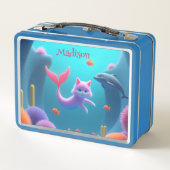 かわいいピンクの人魚の子猫 メタルランチボックス (裏面)