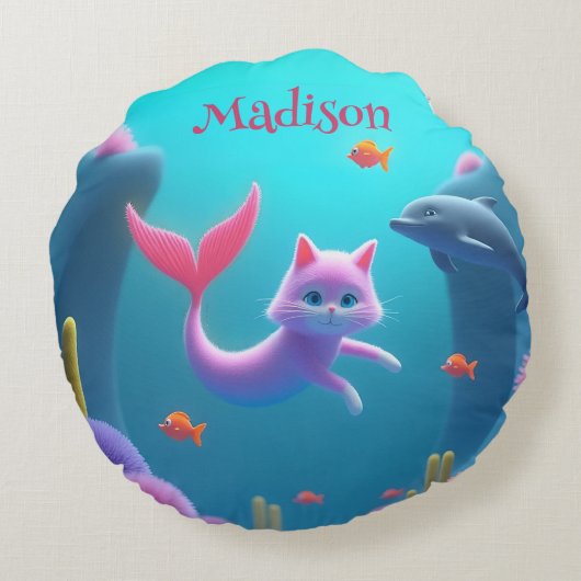 かわいいピンクの人魚の子猫 ラウンドクッション (裏面)