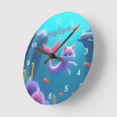 かわいいピンクの人魚の子猫 ラウンド壁時計 (傾斜)