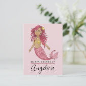 かわいいピンクの人魚 誕生日おめでとう オーダーメイド名前 ポストカード (スタンド正面)