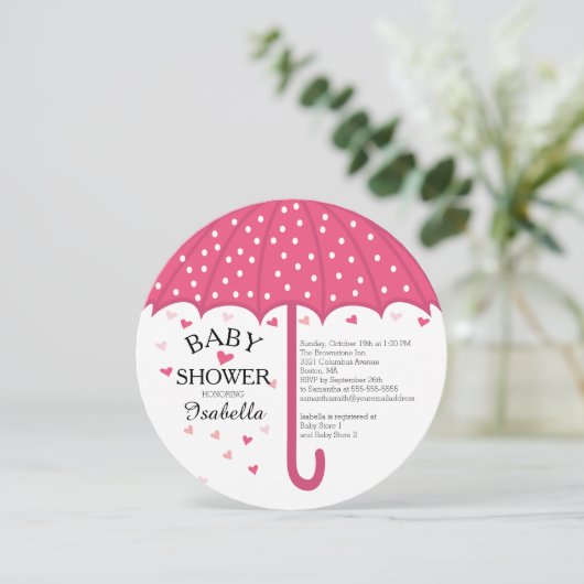 かわいいピンクの傘の女の子ベビーシャワー招待状 招待状 (スタンド正面)