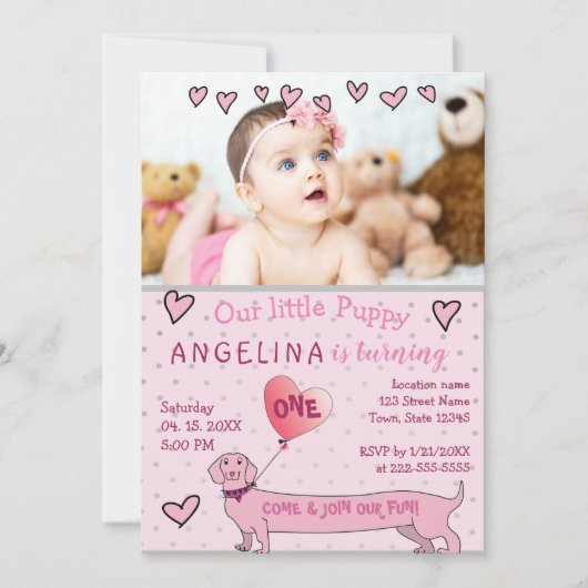 かわいいピンクの写真1歳の誕生日 招待状 (正面)