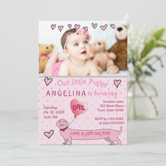 かわいいピンクの写真1歳の誕生日 招待状 (スタンド正面)