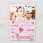 かわいいピンクの写真1歳の誕生日 招待状 (正面/裏面)