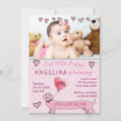 かわいいピンクの写真 1歳の誕生日 招待状 (正面)