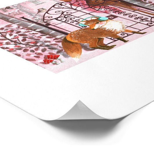 かわいいピンクの冬の森の動物の休日 ポスター (角)