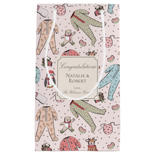 かわいいピンクの冬の赤ちゃんシャワーカスタム スモールペーパーバッグ (正面)