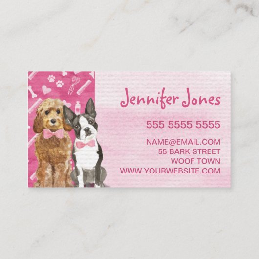 かわいいピンクの前足の骨と犬のグルーミングペット 名刺 (裏面)