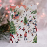かわいいピンクの北欧の冬のクリスマス シーズンカード<br><div class="desc">北欧アルパインスキーロッジの村に家々が建ち並ぶ可愛らしいピンクとグリーン、そして山々のクリスマスツリーの下に白い雪の自然でクリスマスのための冬のおもしろいを持つ多くの人々と子供たちをロッジ。オリジナルのアートワークバイカロリンボンヌミュラー</div>
