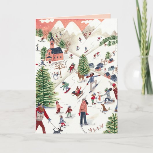 かわいいピンクの北欧の冬のクリスマス シーズンカード (正面)