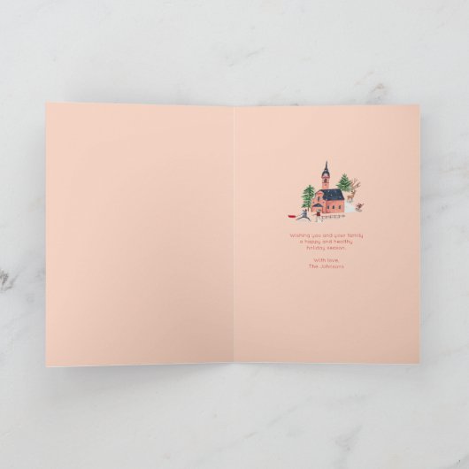 かわいいピンクの北欧の冬のクリスマス シーズンカード (内部)