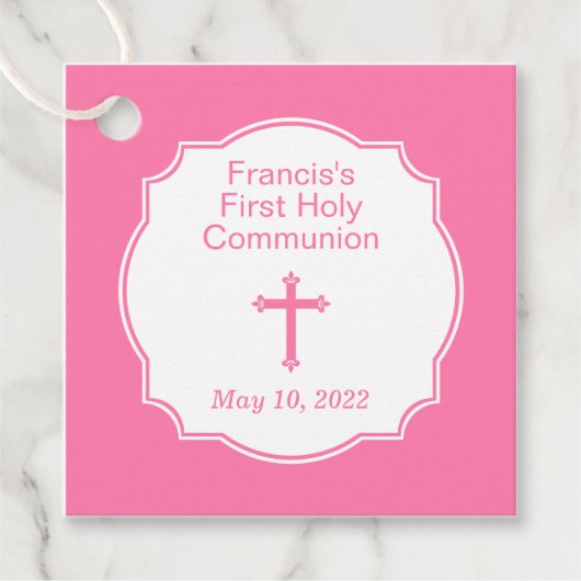 かわいいピンクの十字少女の最初の聖餐式 フェイバータグ (正面)