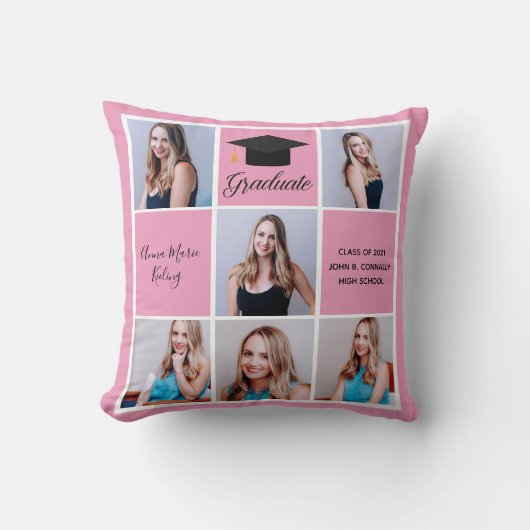 かわいいピンクの卒業式シニアポートレートフォトコラージュ クッション (正面)