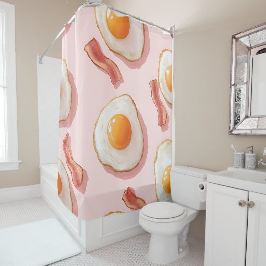 かわいいピンクの卵とベーコンパターン シャワーカーテン (インサイチュ)