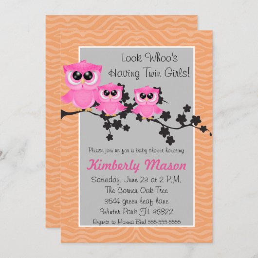 かわいいピンクの双子の女の子フクロウベビーシャワー招待状 招待状 (正面/裏面)