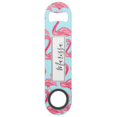 かわいいピンクの夏の色彩の鮮やかなフラミンゴパターン青 スピード栓抜き (正面)