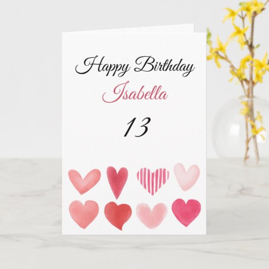 かわいいピンクの多様な水の色のハート13誕生日 カード (黄色い花)