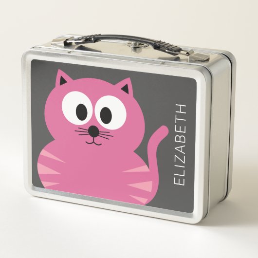 かわいいピンクの太い猫 – グレーの背景と名前 メタルランチボックス (裏面)