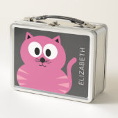 かわいいピンクの太い猫 – グレーの背景と名前 メタルランチボックス (正面)