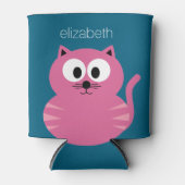 かわいいピンクの太い猫 – 青い背景 缶クーラー (正面)