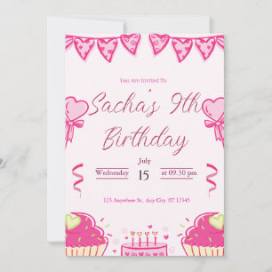 かわいいピンクの女の子のグリッター誕生日 招待状