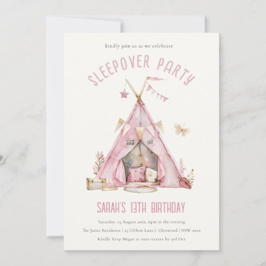 かわいいピンクの女の子のテントスリーポバーウォーターカラー誕生日 招待状 (正面)