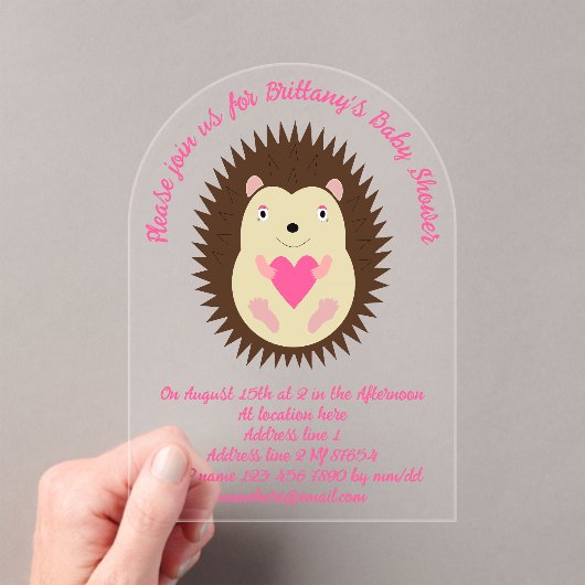 かわいいピンクの女の子のハリネズミのベビーシャワー アクリル招待状 (インサイチュ (ポータブル))