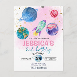 かわいいピンクの女の子の宇宙飛行士の誕生日パーティー ポストカード