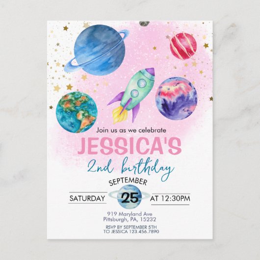 かわいいピンクの女の子の宇宙飛行士の誕生日パーティー ポストカード (正面)