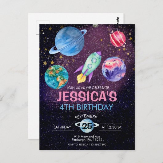 かわいいピンクの女の子の宇宙飛行士の誕生日ポストカード ポストカード (正面/裏面)