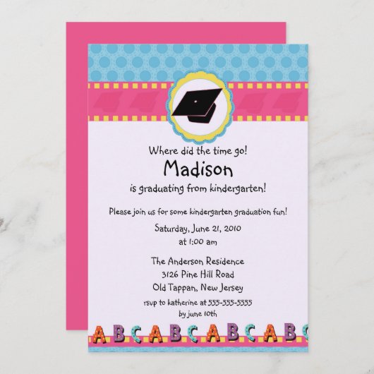 かわいいピンクの女の子の幼稚園の卒業の招待状 招待状 (正面/裏面)