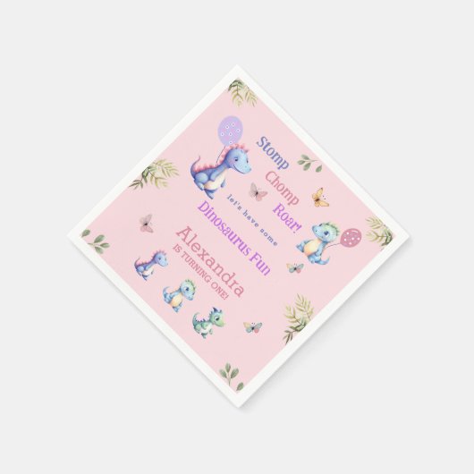 かわいいピンクの女の子の恐竜1st誕生日パーティー スタンダードカクテルナプキン (角)