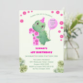 かわいいピンクの女の子の恐竜1st誕生日パーティー 招待状 (スタンド正面)