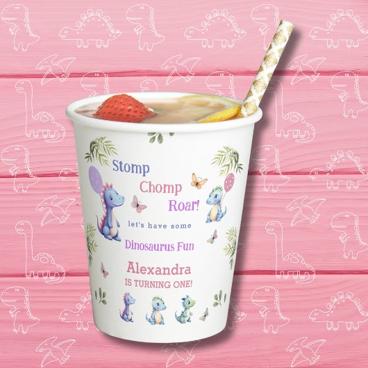 かわいいピンクの女の子の恐竜1st誕生日パーティー 紙コップ