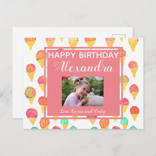 かわいいピンクの女の子の水彩ハッピーバースデー写真 ポストカード (正面/裏面)