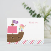 かわいいピンクの女の子の海賊誕生会は感謝していしています サンキューカード (スタンド正面)