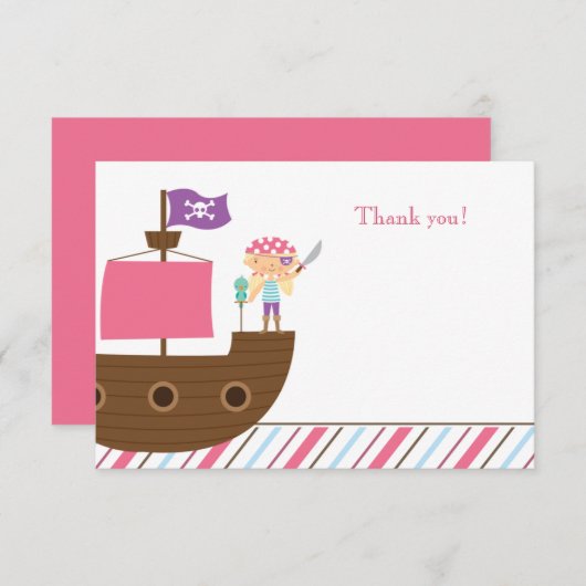 かわいいピンクの女の子の海賊誕生会は感謝していしています サンキューカード (正面/裏面)