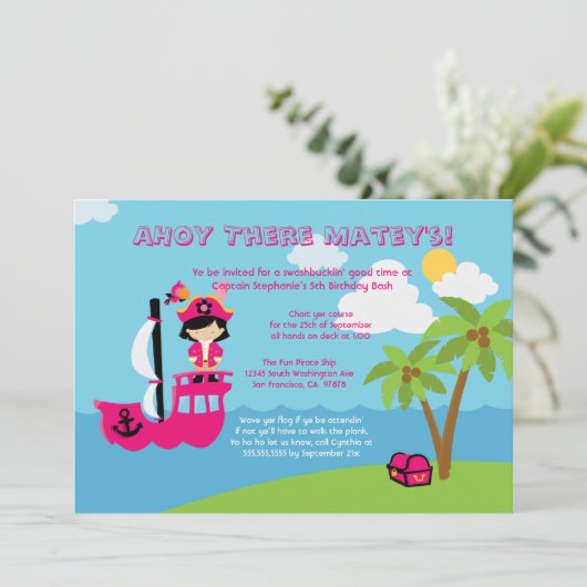 かわいいピンクの女の子の海賊誕生日のパーティの招待状 招待状 (スタンド正面)