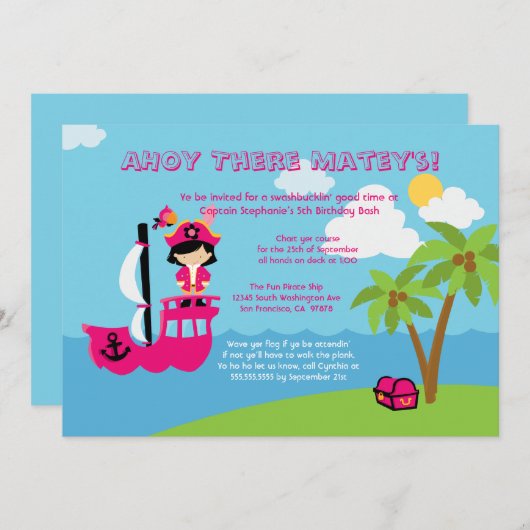 かわいいピンクの女の子の海賊誕生日のパーティの招待状 招待状 (正面/裏面)