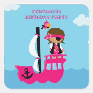 かわいいピンクの女の子の海賊誕生日パーティーのシール スクエアシール
