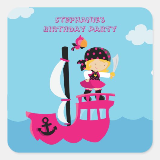 かわいいピンクの女の子の海賊誕生日パーティーのシール スクエアシール (正面)
