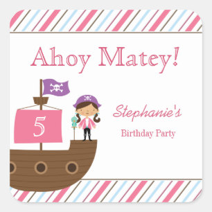 かわいいピンクの女の子の海賊誕生日パーティーのシール スクエアシール