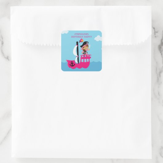 かわいいピンクの女の子の海賊誕生日パーティーのシール スクエアシール (バッグ)