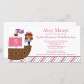 かわいいピンクの女の子の海賊誕生日パーティーの招待状 (正面/裏面)