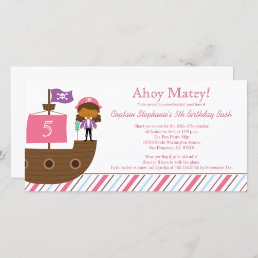 かわいいピンクの女の子の海賊誕生日パーティーの招待状 (正面/裏面)