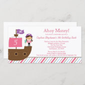 かわいいピンクの女の子の海賊誕生日パーティーの招待状 (正面/裏面)
