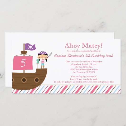 かわいいピンクの女の子の海賊誕生日パーティーの招待状 (正面/裏面)
