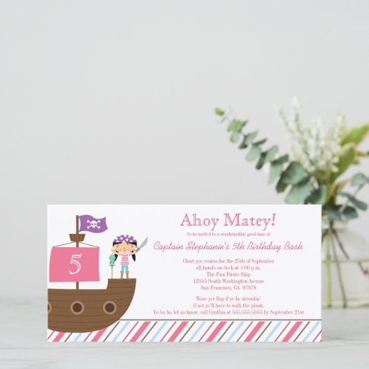 かわいいピンクの女の子の海賊誕生日パーティーの招待状 (スタンド正面)